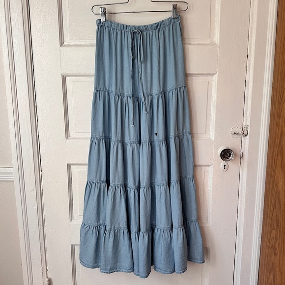 Sky to Moon Tiered Ruffle Maxi Skirt Chambray Graffiti Art Elastic Waist Boho - Picture 7 of 17
